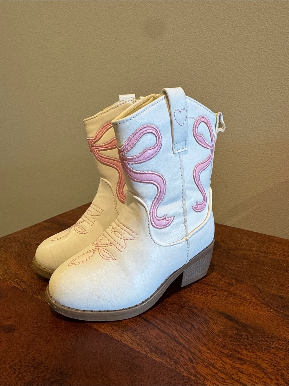 White Kids Cowboy Boots with Pink Embroidery